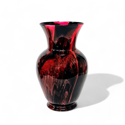 Painted Glass Vase in Red and Black | Centerpiece Fluid Art Vase