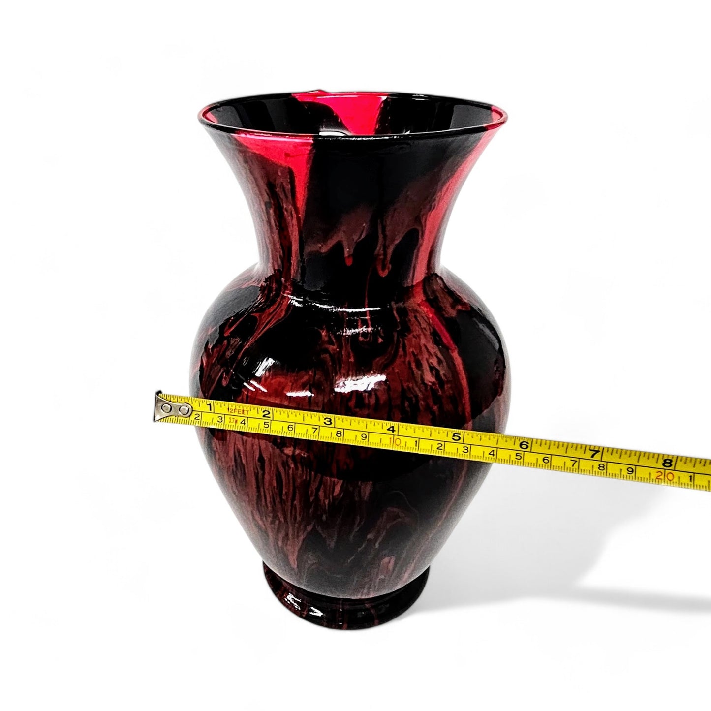 Painted Glass Vase in Red and Black | Centerpiece Fluid Art Vase