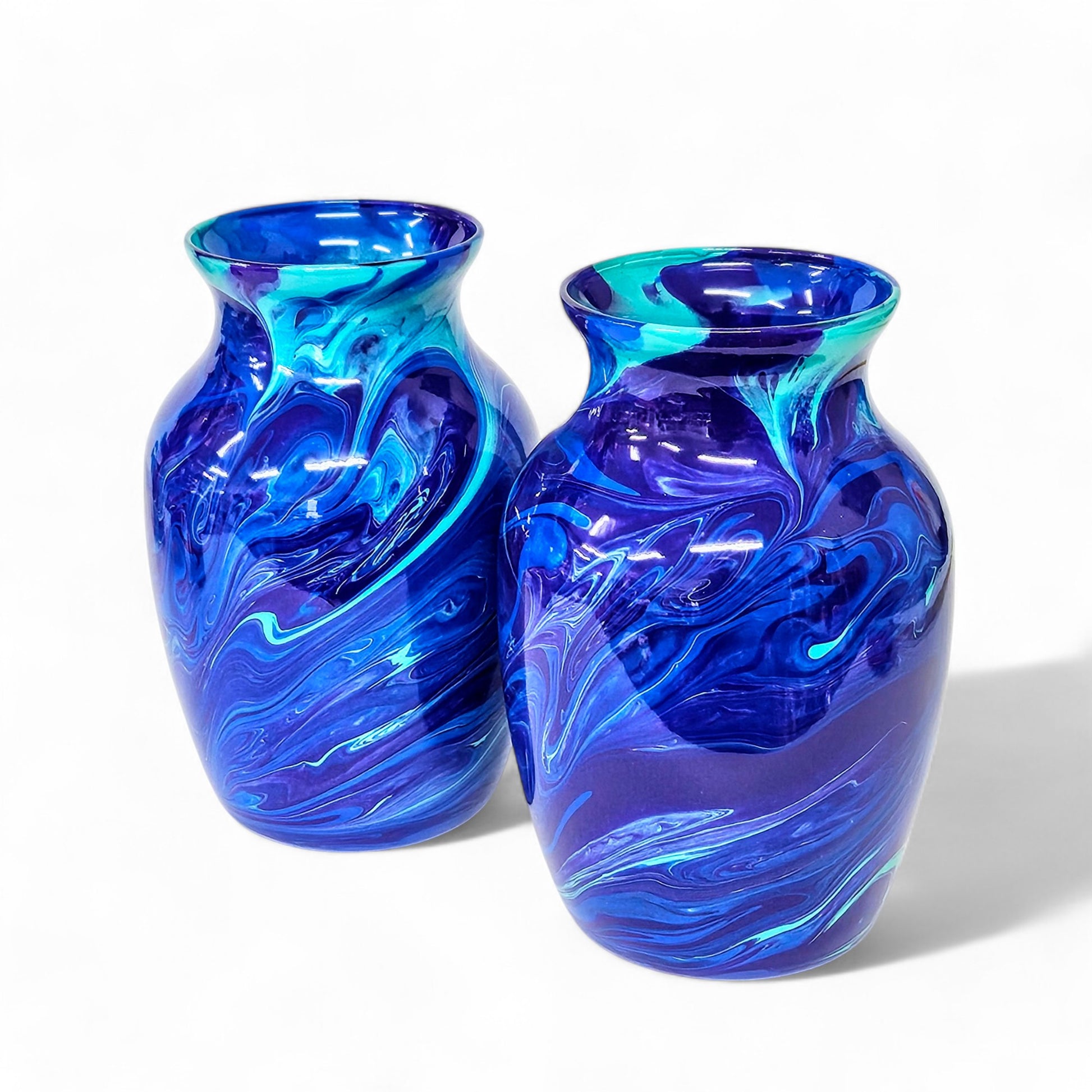 Painted Vase in Aqua Navy and Purple | Fluid Art Flower Vase