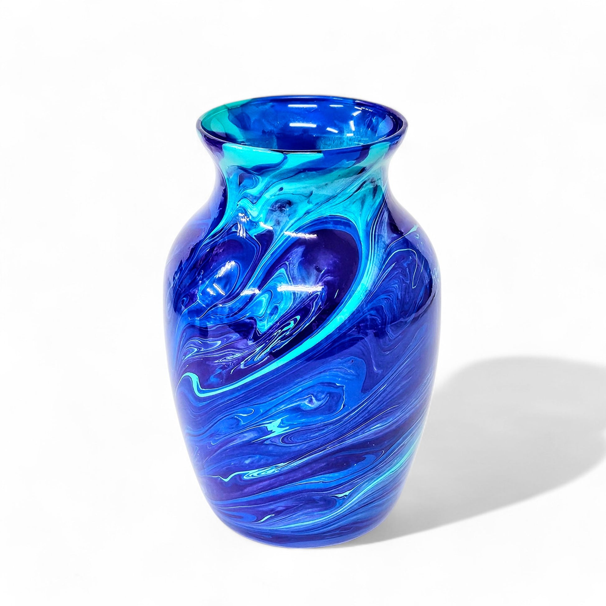 Painted Vase in Aqua Navy and Purple | Fluid Art Flower Vase