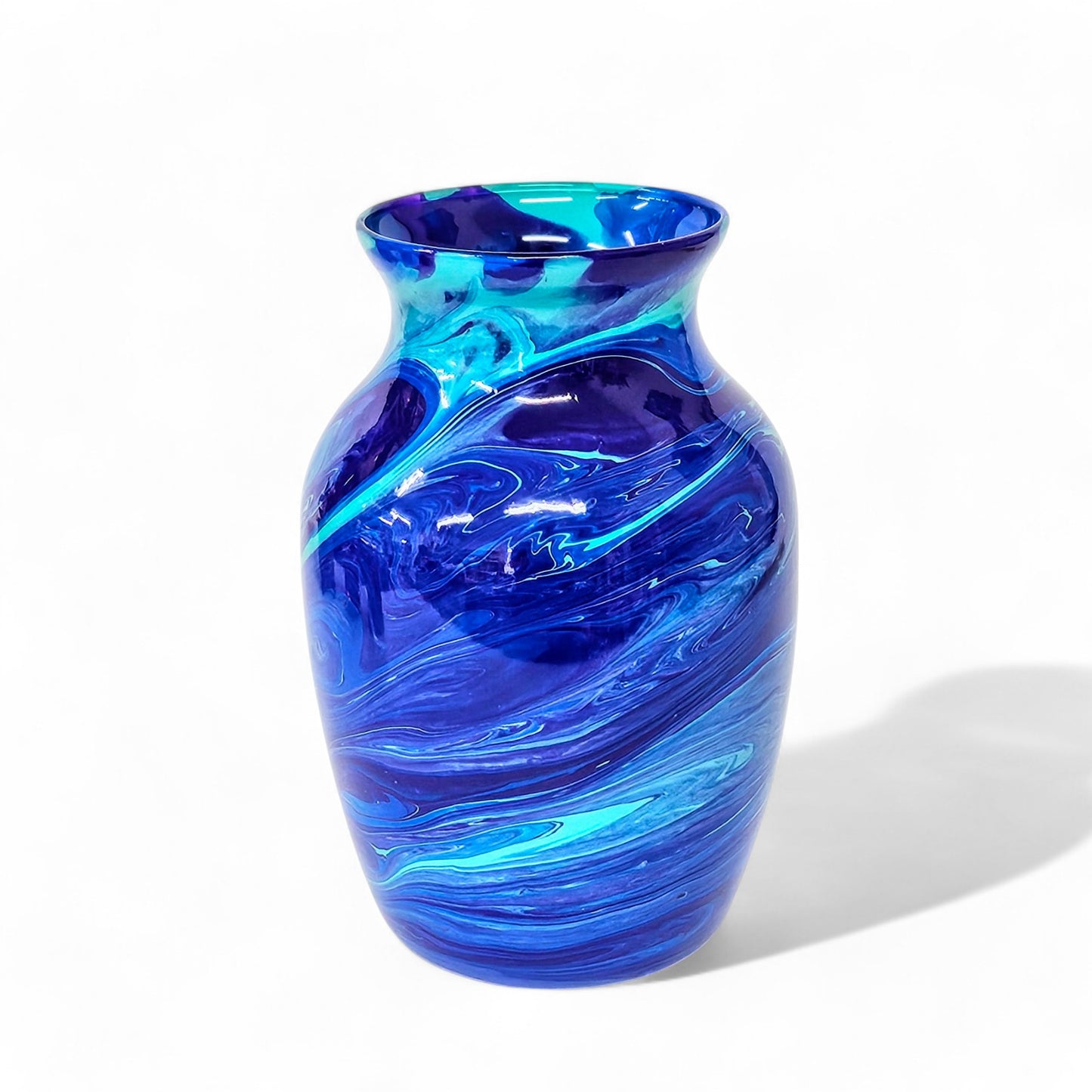 Painted Vase in Aqua Navy and Purple | Fluid Art Flower Vase