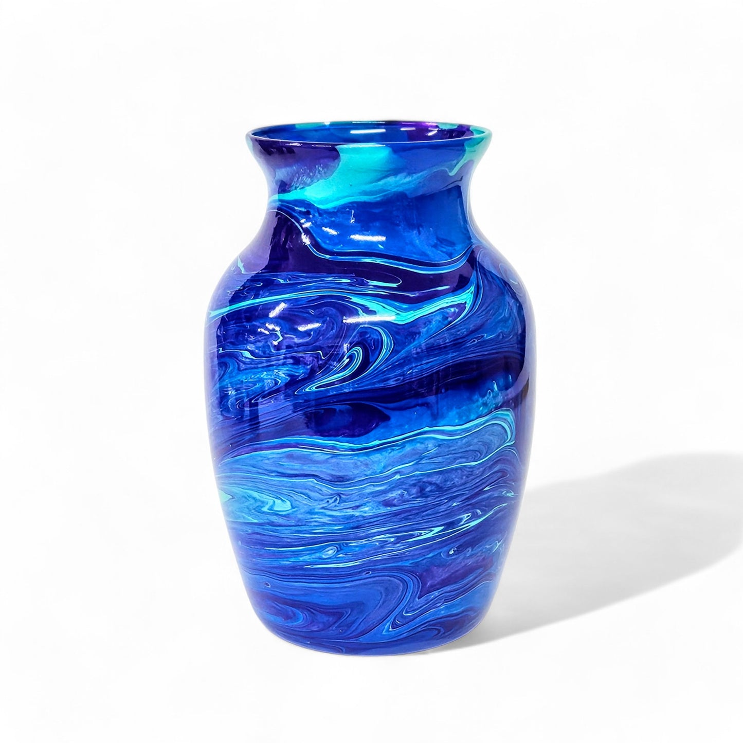 Painted Vase in Aqua Navy and Purple | Fluid Art Flower Vase