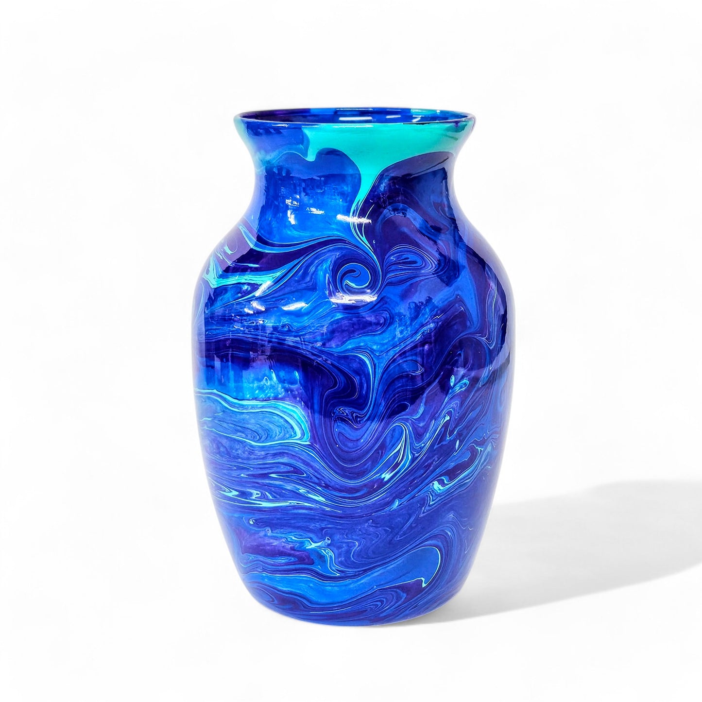 Painted Vase in Aqua Navy and Purple | Fluid Art Flower Vase