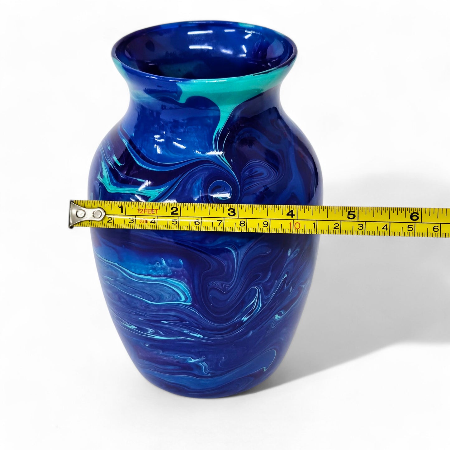 Painted Vase in Aqua Navy and Purple | Fluid Art Flower Vase