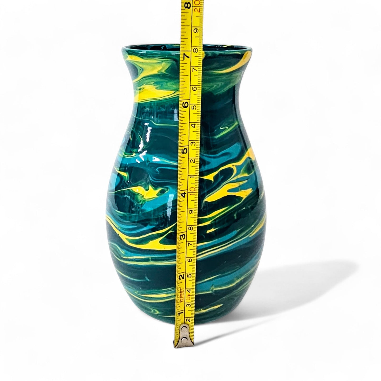 Glass Art Painted Vase in Teal Aqua Yellow