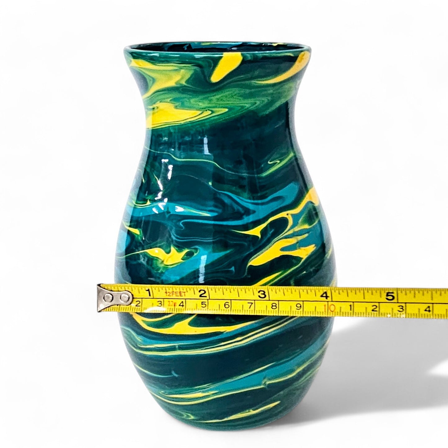 Glass Art Painted Vase in Teal Aqua Yellow