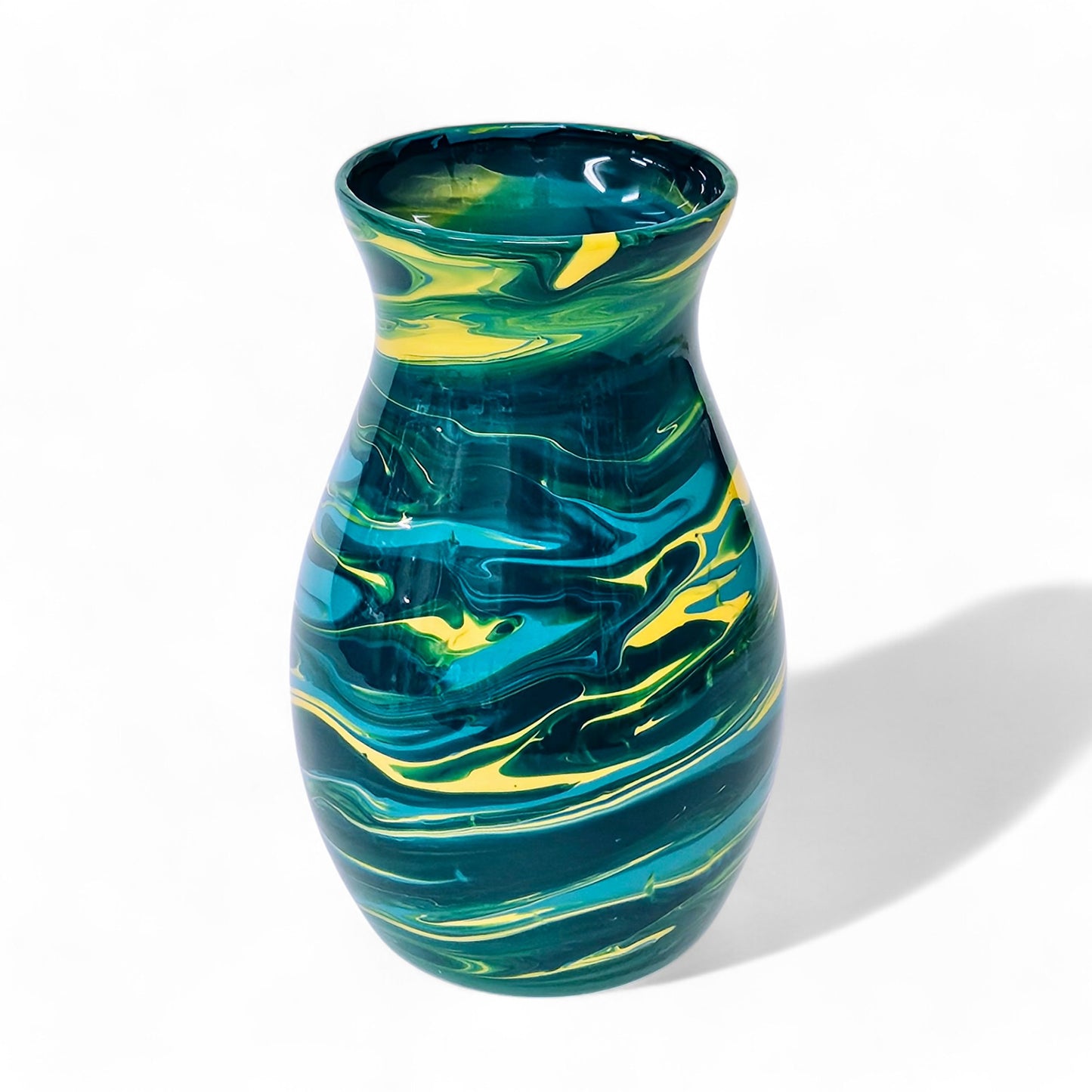 Glass Art Painted Vase in Teal Aqua Yellow