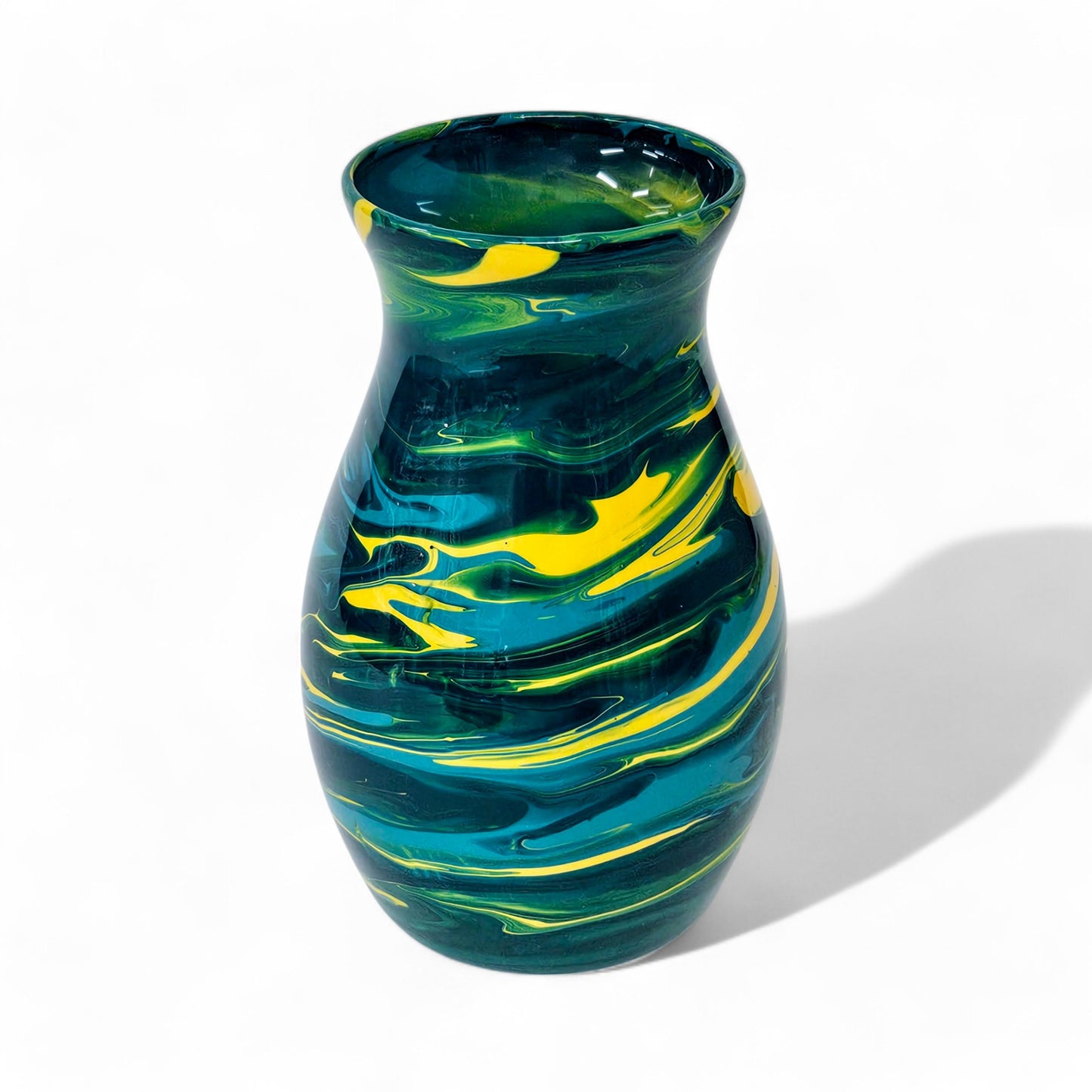 Glass Art Painted Vase in Teal Aqua Yellow