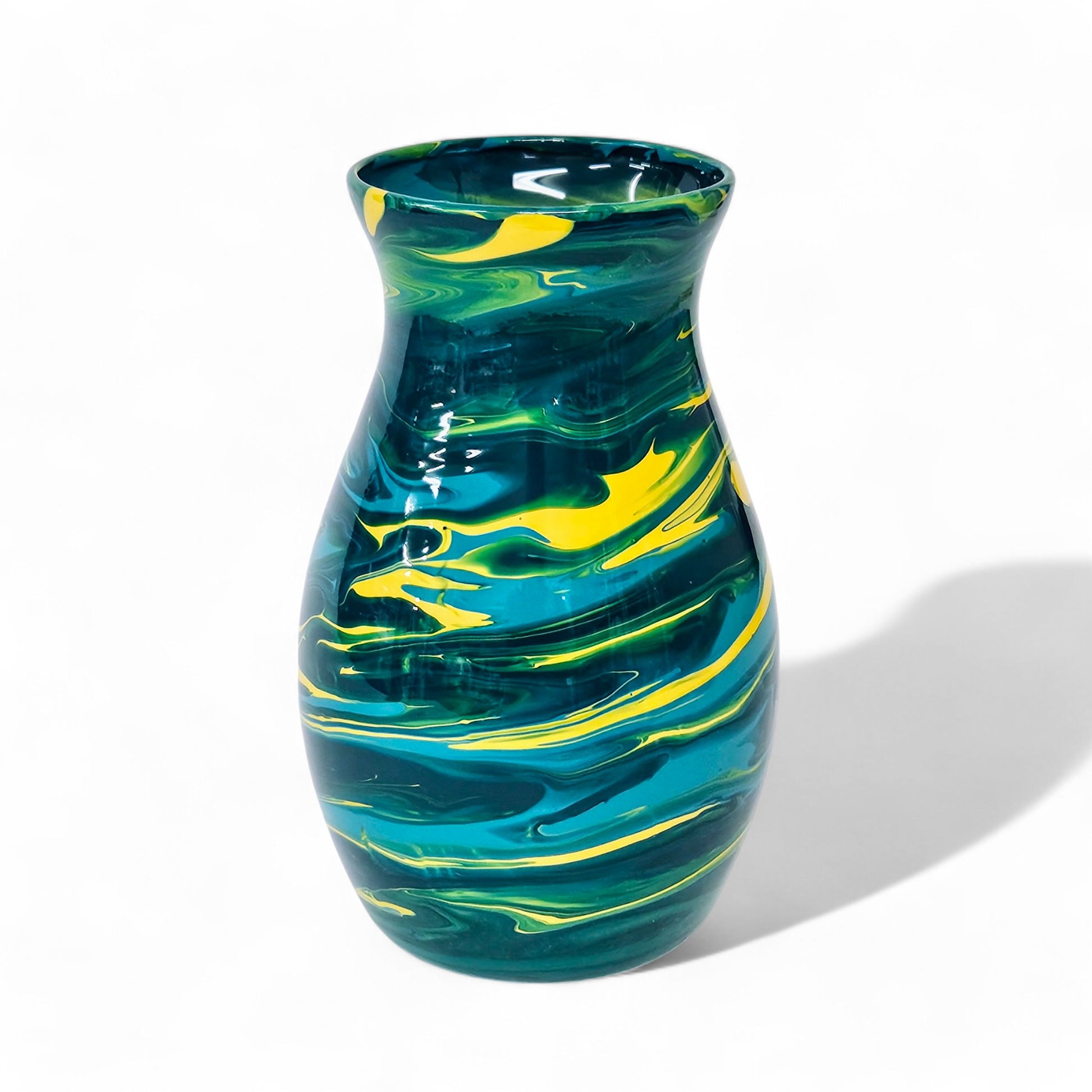 Glass Art Painted Vase in Teal Aqua Yellow