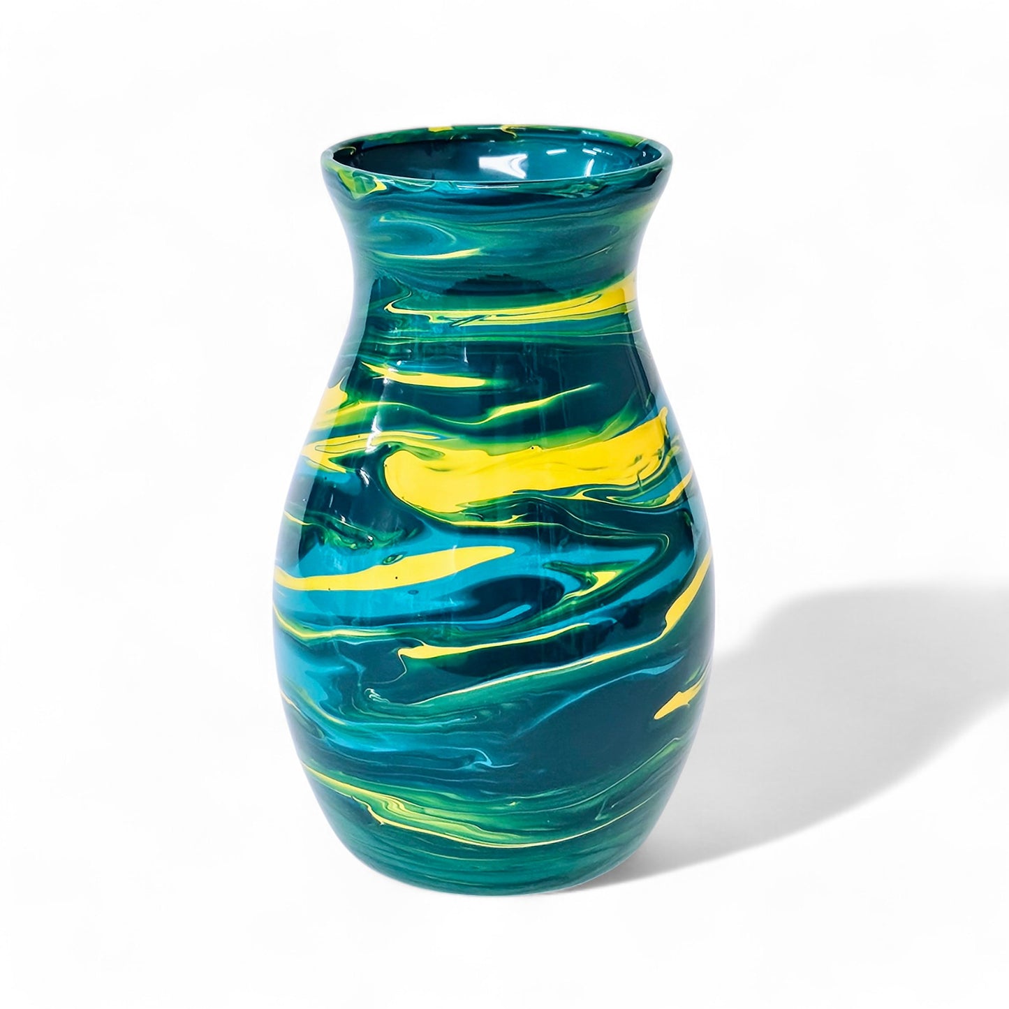 Glass Art Painted Vase in Teal Aqua Yellow