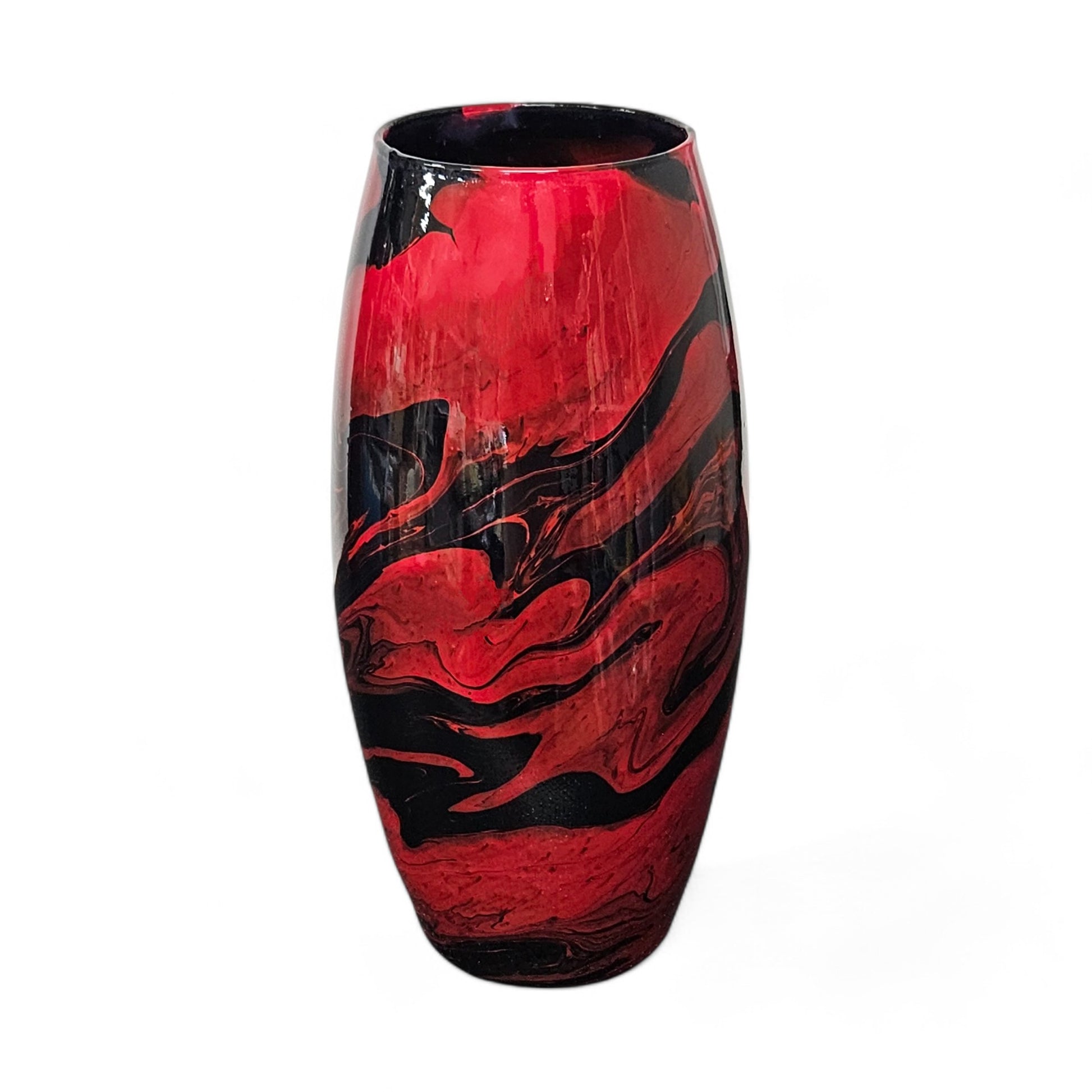 Glass Art Red and Black Tall Flower Vase | Fluid Art