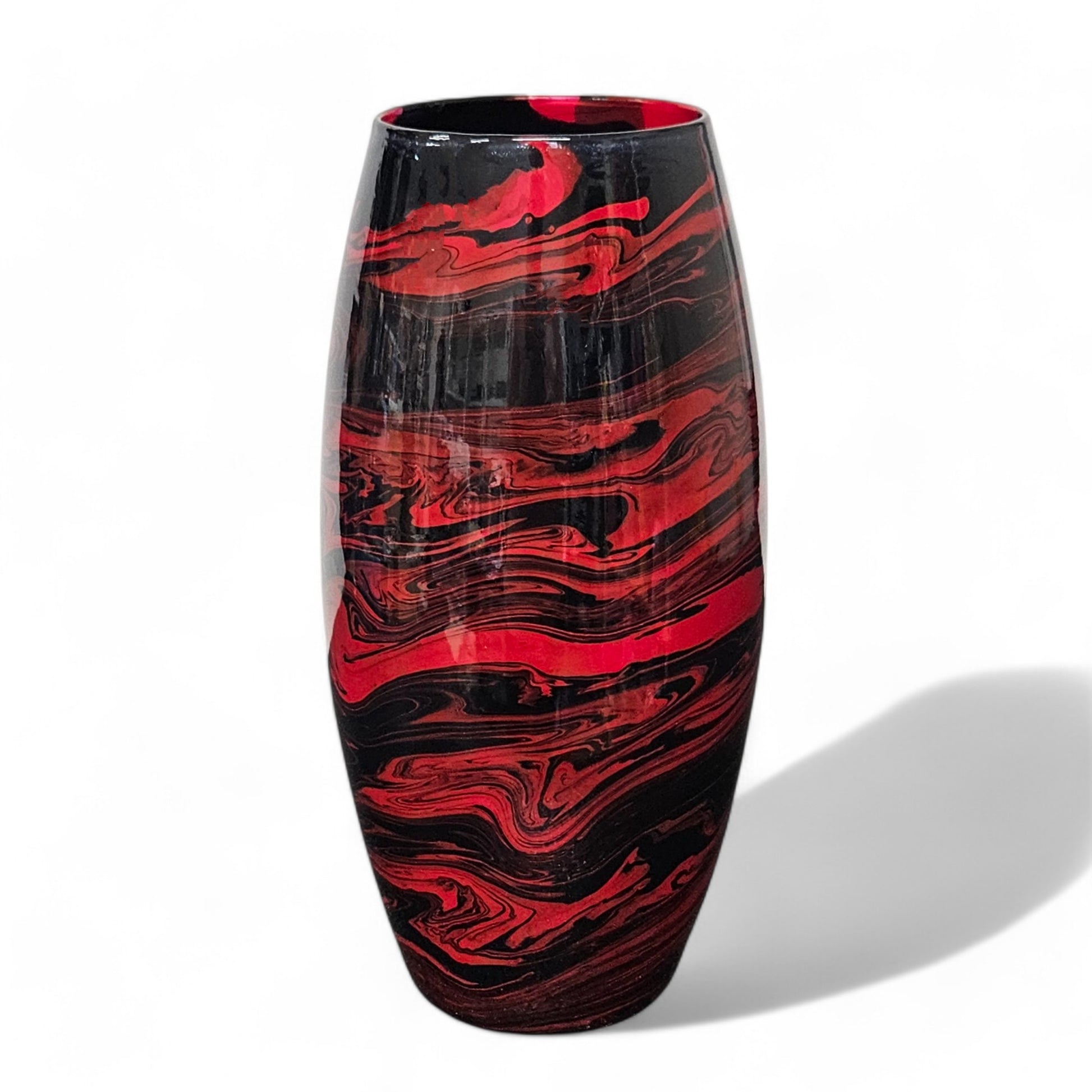 Glass Art Red and Black Tall Flower Vase | Fluid Art