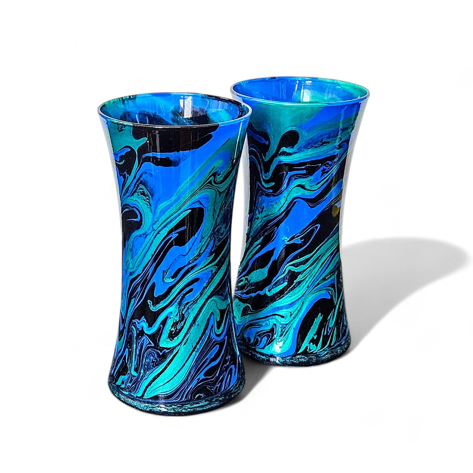 Painted Glass Art Vase in Teal Turquoise Black