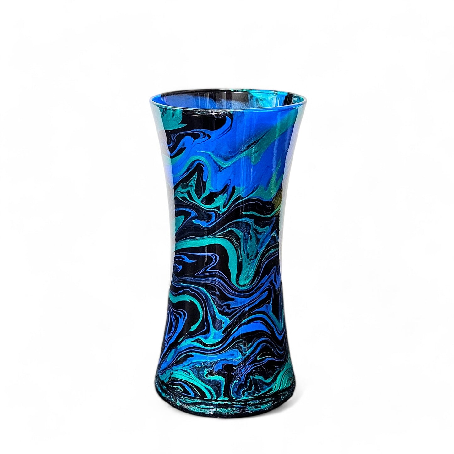 Painted Glass Art Vase in Teal Turquoise Black