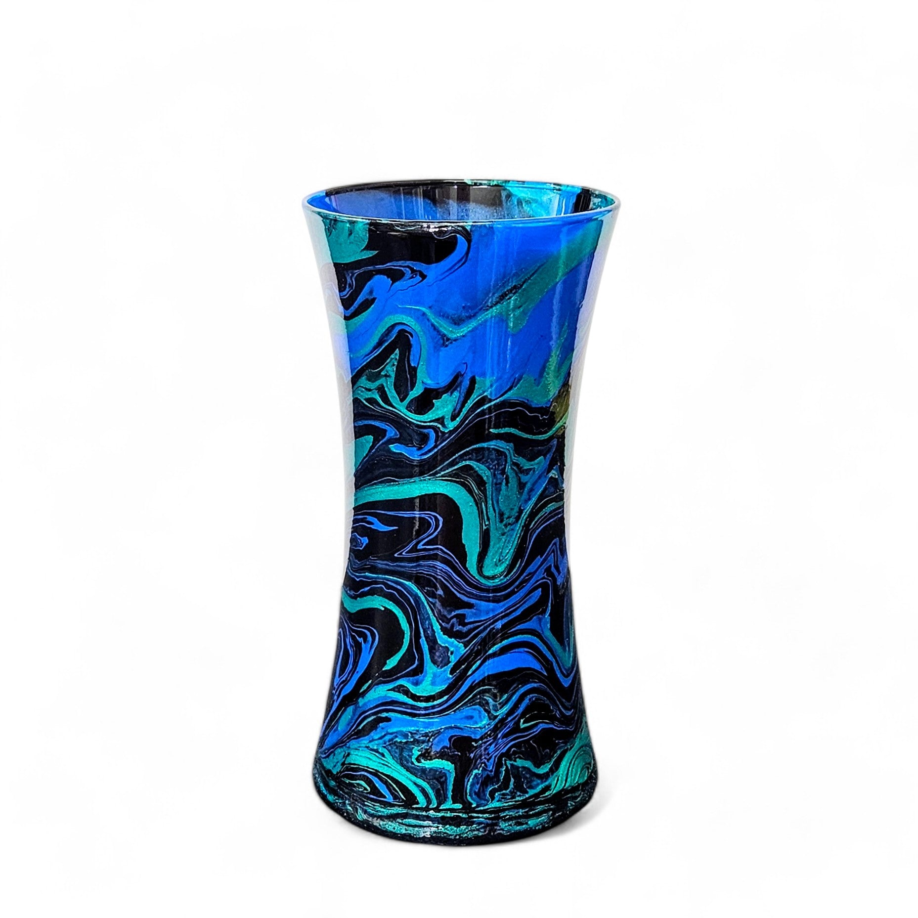 Painted Glass Art Vase in Teal Turquoise Black