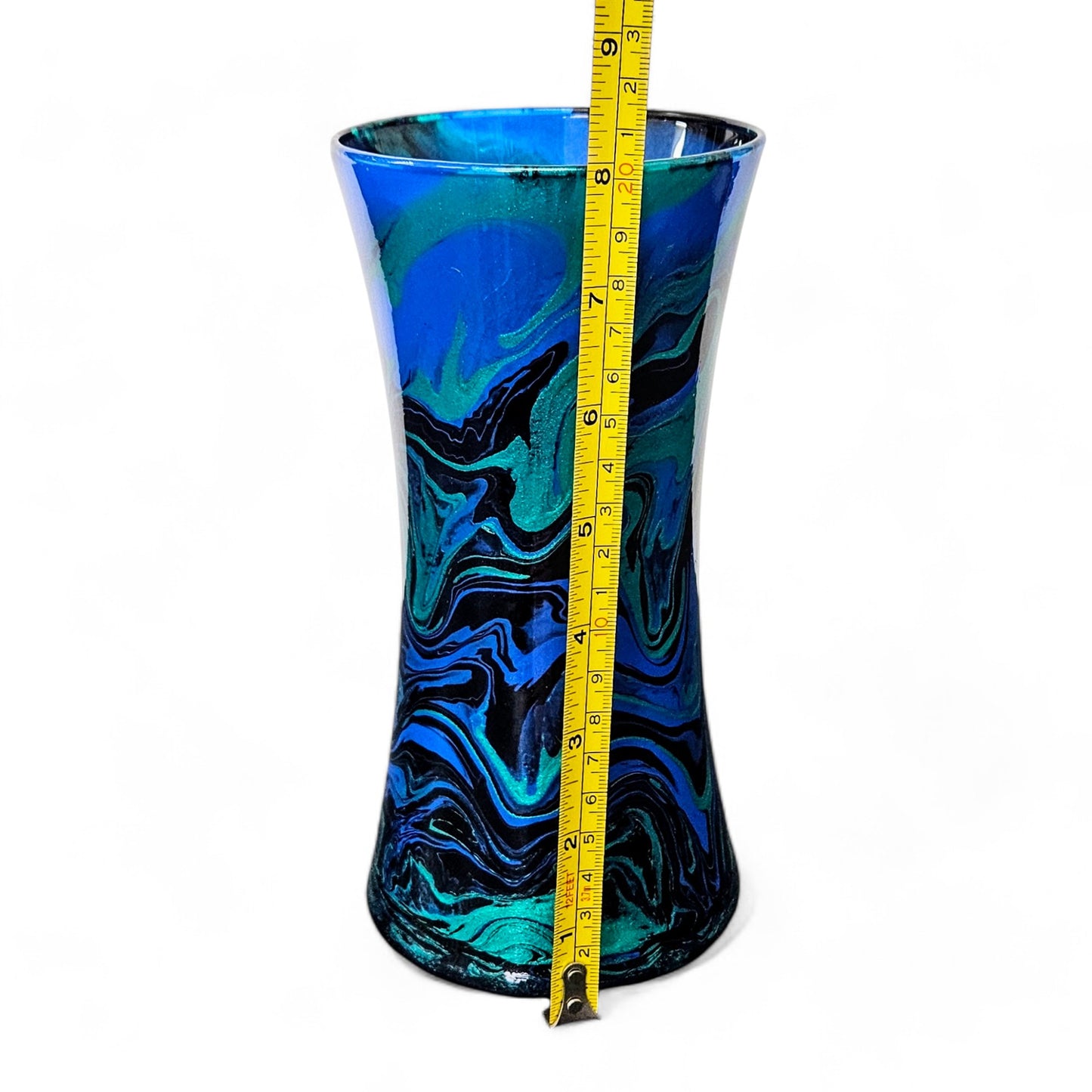 Painted Glass Art Vase in Teal Turquoise Black