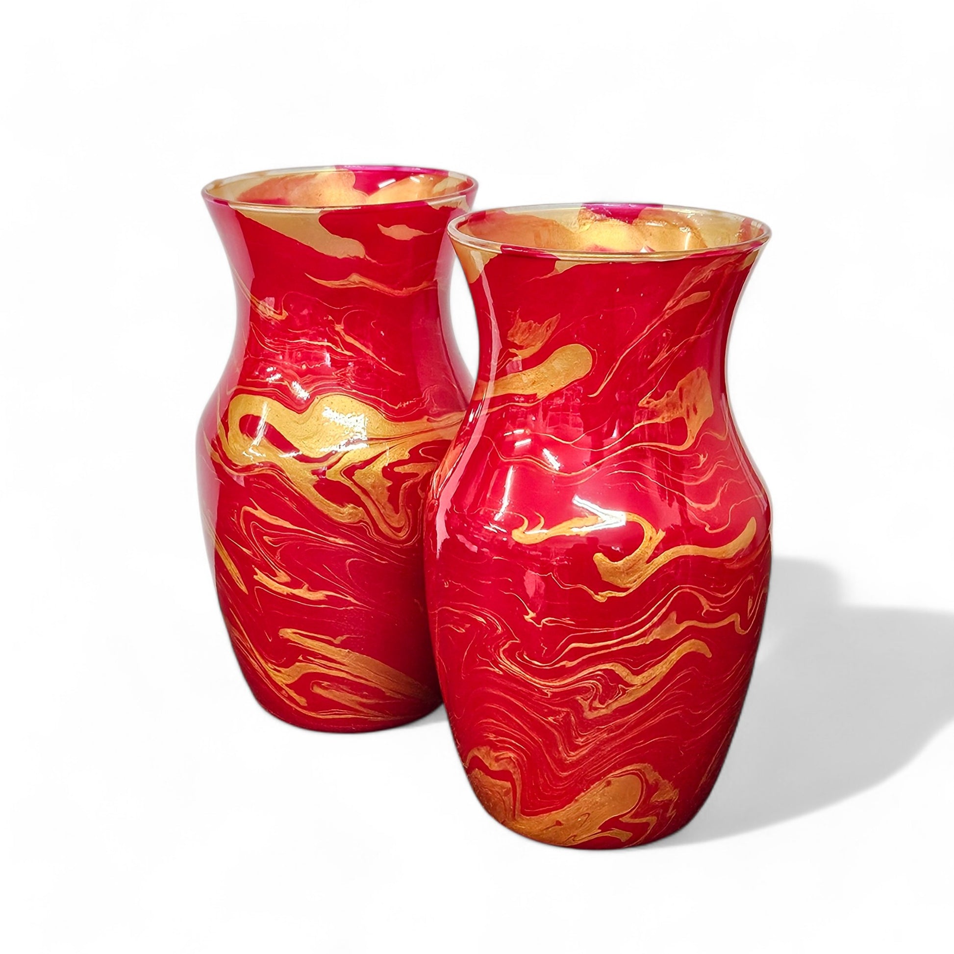 Painted Glass Vase in Red and Gold | Fluid Art Flower Vase