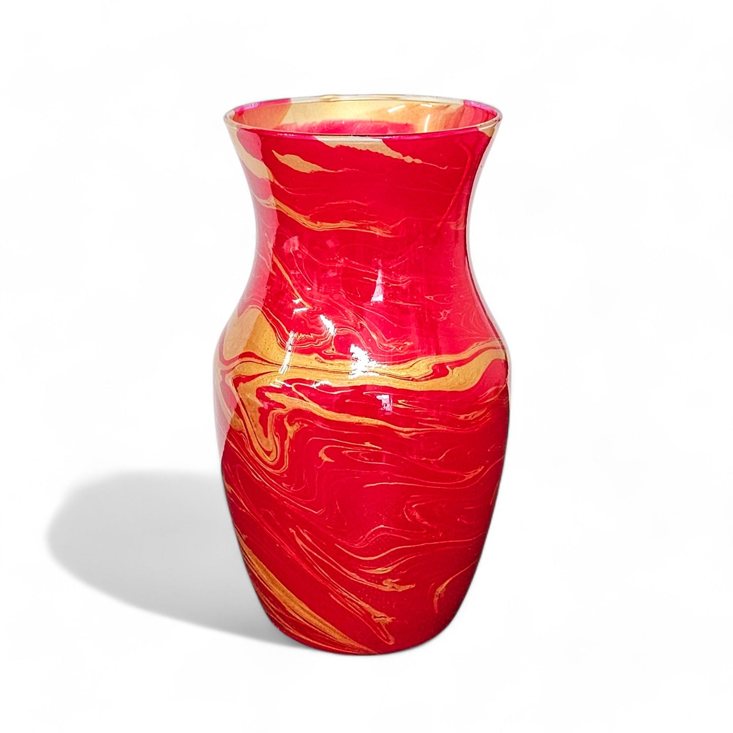 Painted Glass Vase in Red and Gold | Fluid Art Flower Vase