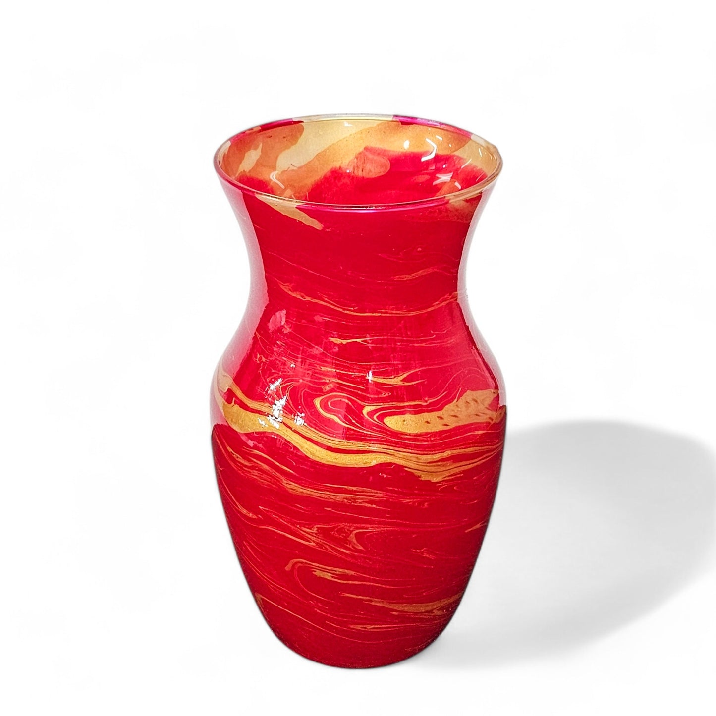 Painted Glass Vase in Red and Gold | Fluid Art Flower Vase