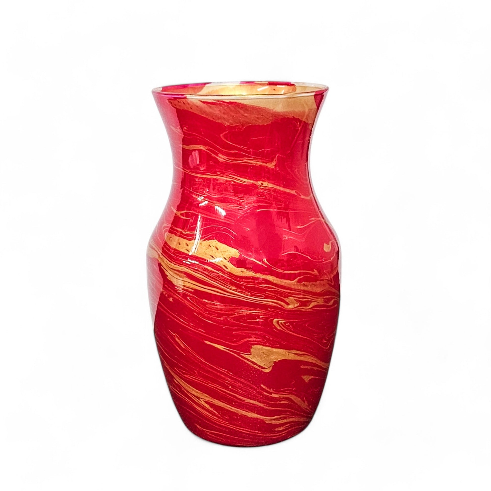 Painted Glass Vase in Red and Gold | Fluid Art Flower Vase