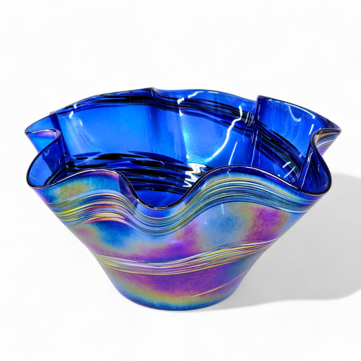 Iridescent Blown Glass Art Wave Bowl in Cobalt Blue with Color Changing Metallic Coating