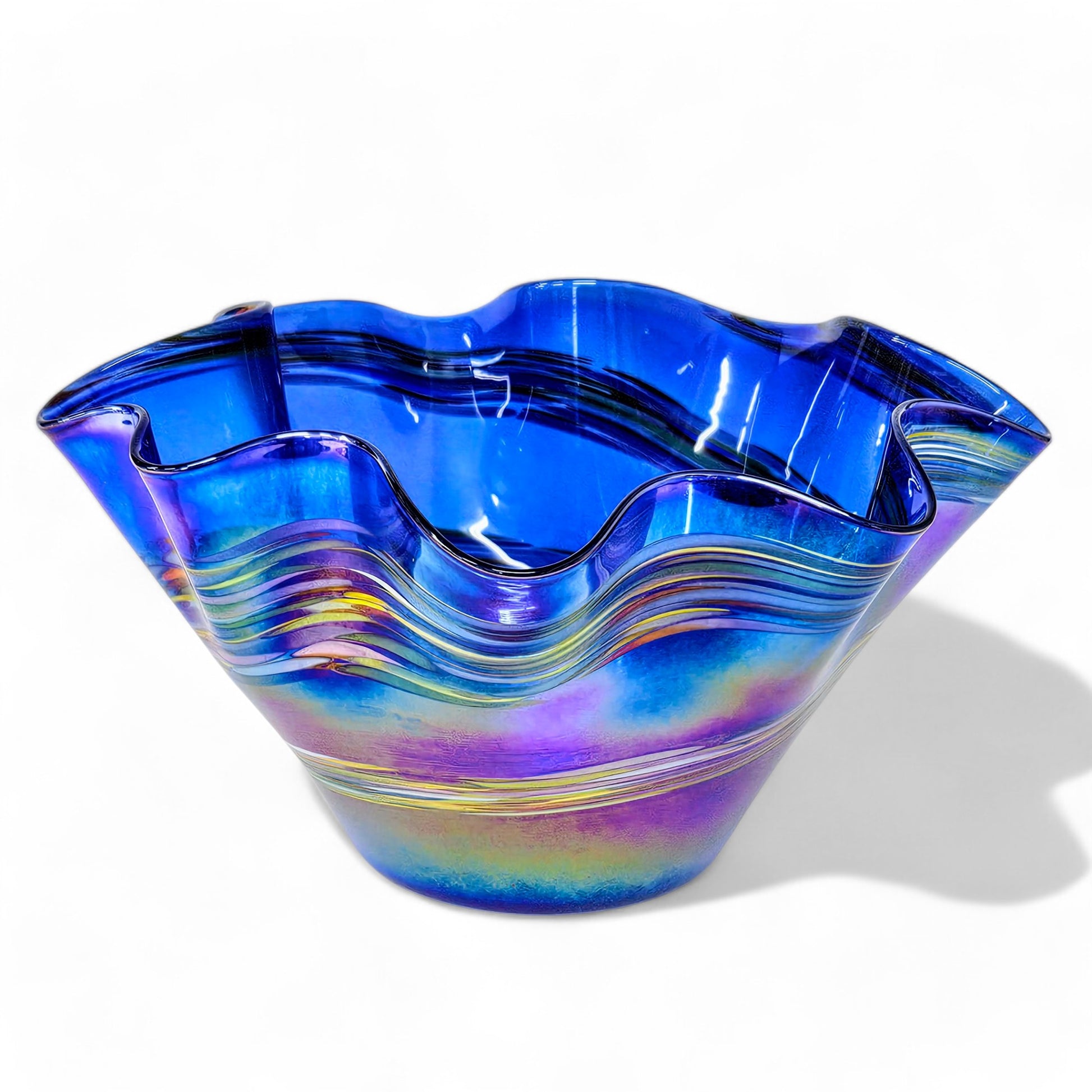 Iridescent Blown Glass Art Wave Bowl in Cobalt Blue with Color Changing Metallic Coating