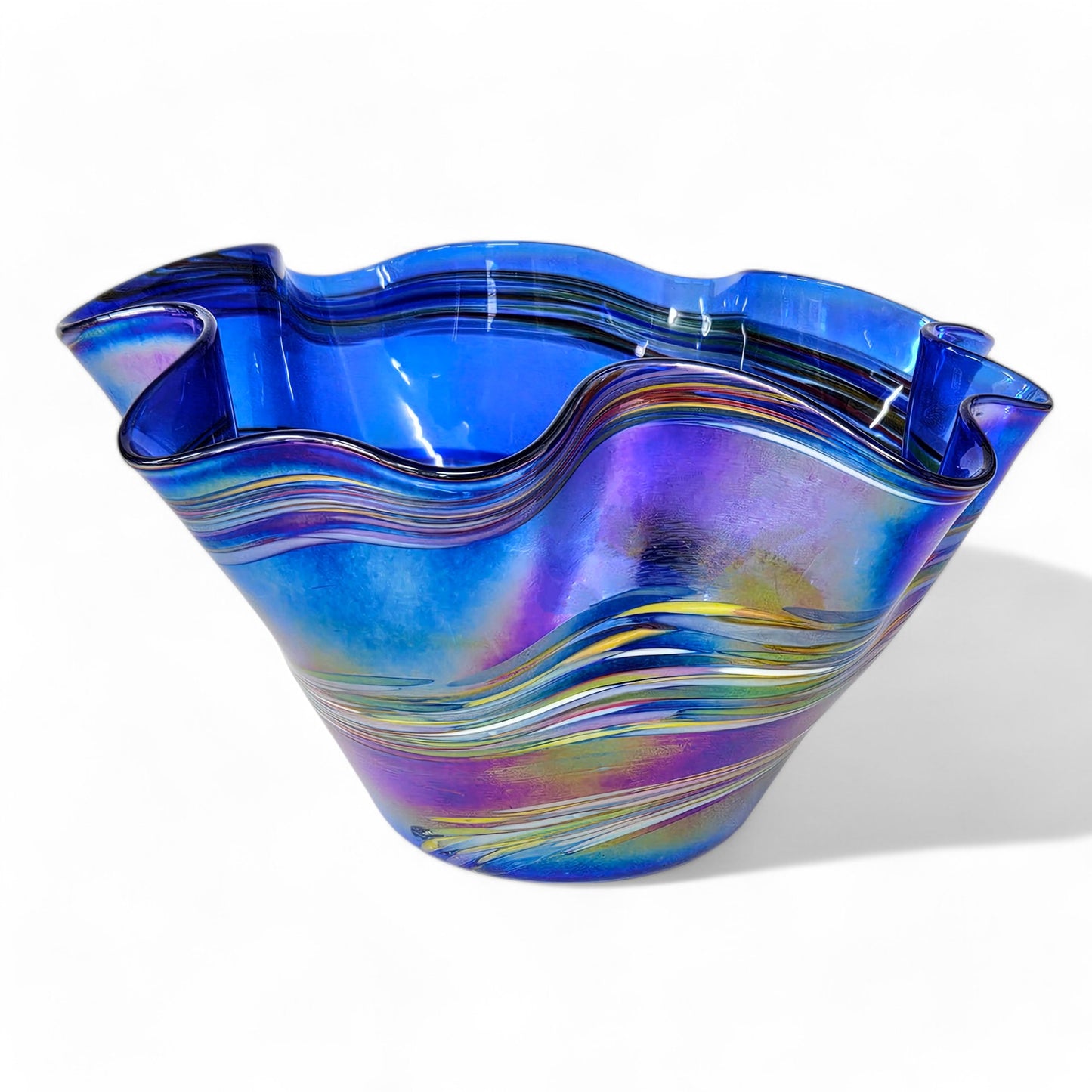 Iridescent Blown Glass Art Wave Bowl in Cobalt Blue