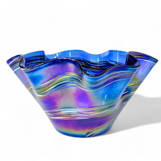 Iridescent Blown Glass Art Wave Bowl in Cobalt Blue with Color Changing Metallic Coating