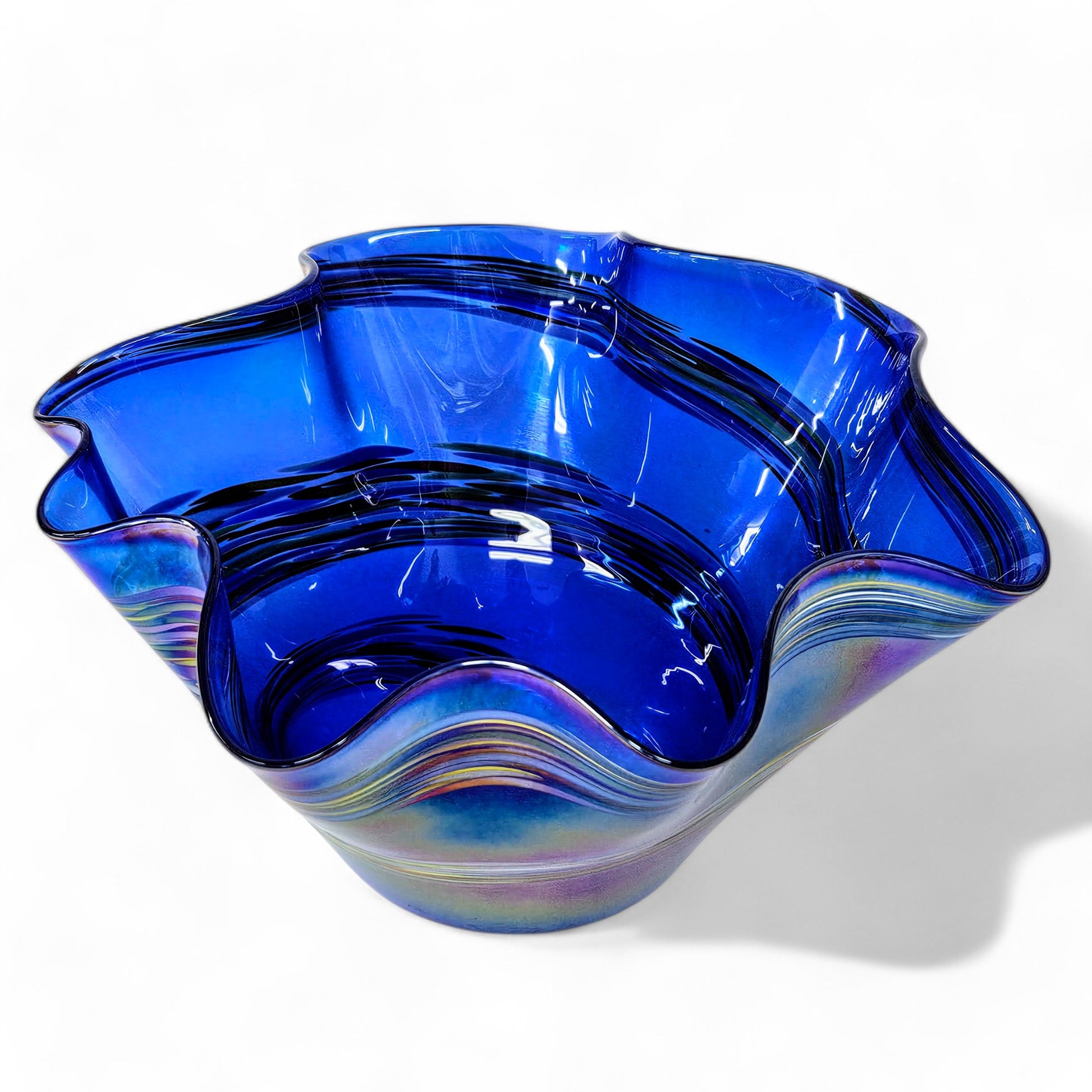 Iridescent Blown Glass Art Wave Bowl in Cobalt Blue with Color Changing Metallic Coating