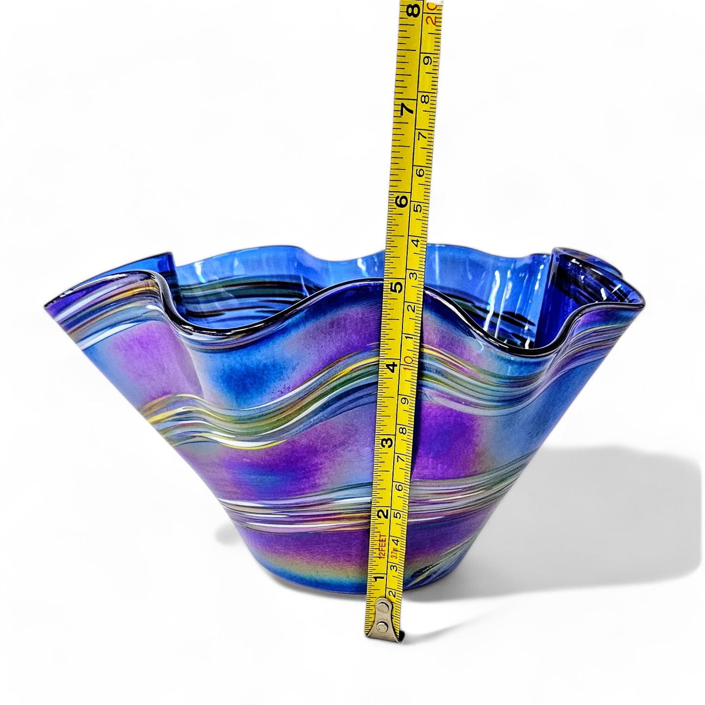 Iridescent Blown Glass Art Wave Bowl in Cobalt Blue with Color Changing Metallic Coating