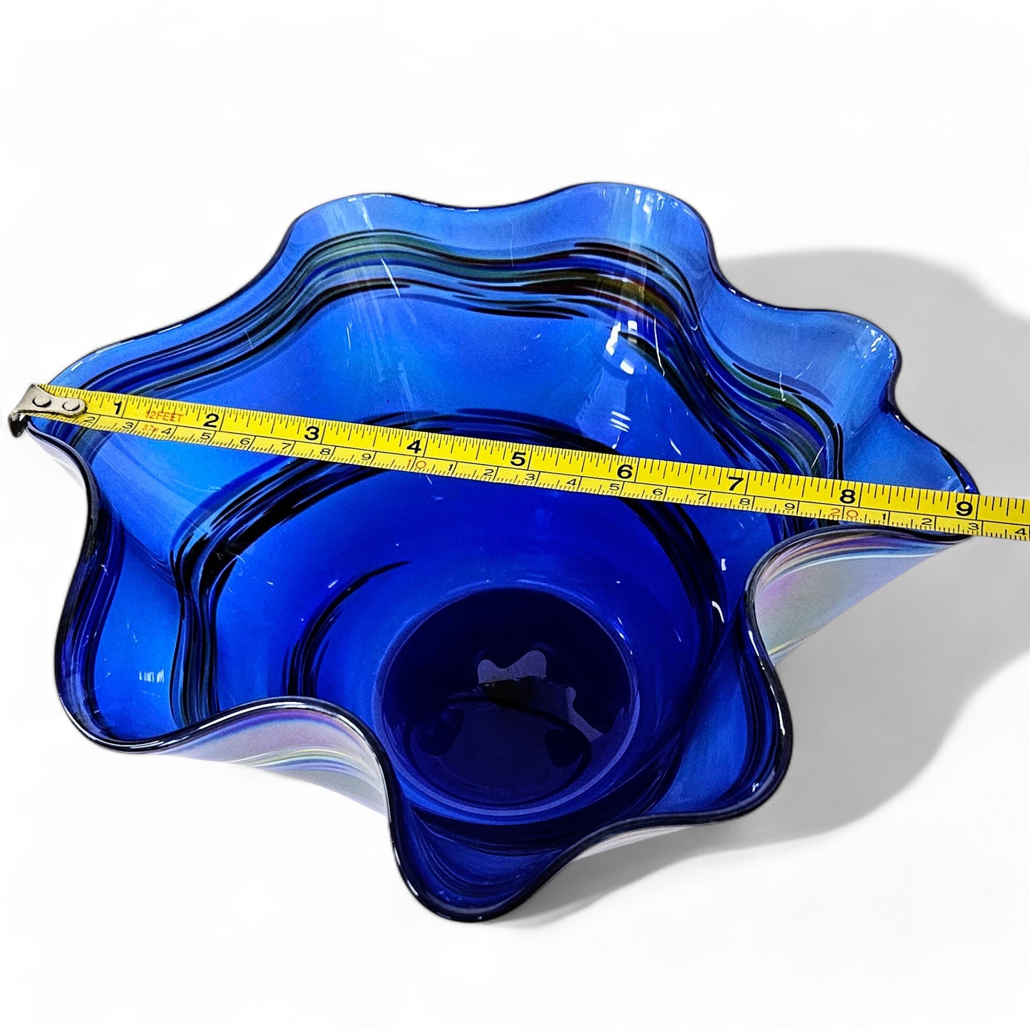 Iridescent Blown Glass Art Wave Bowl in Cobalt Blue