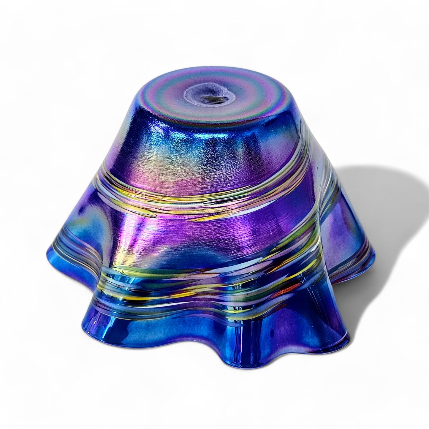 Iridescent Blown Glass Art Wave Bowl in Cobalt Blue