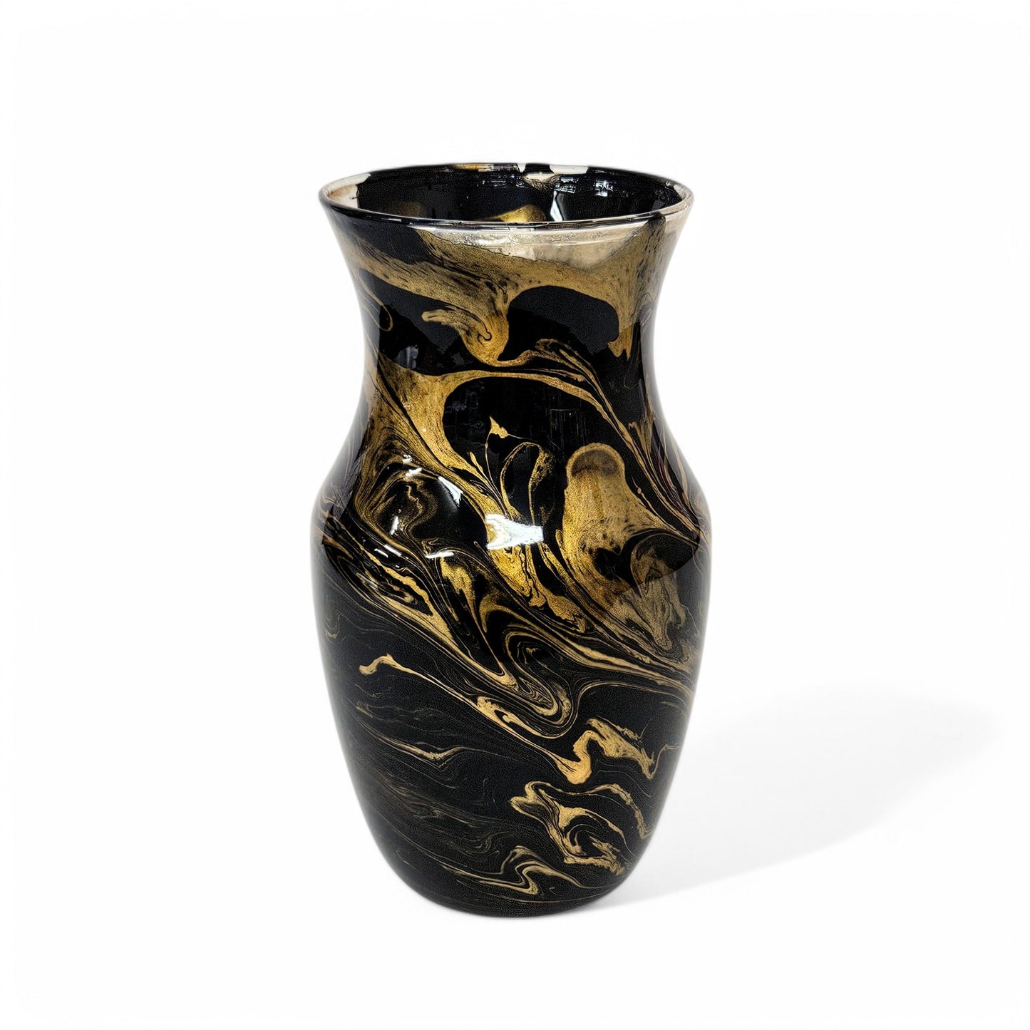 Painted Glass Vase in Black and Gold | Fluid Art Flower Vase