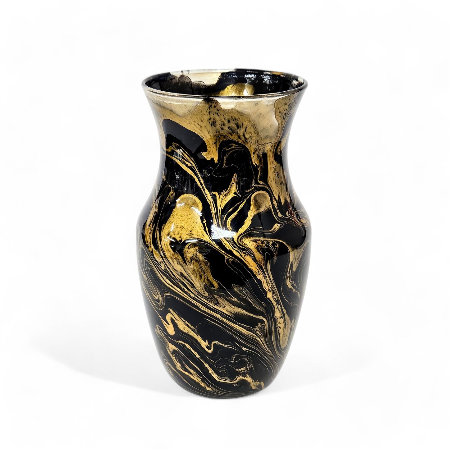 Painted Glass Vase in Black and Gold | Fluid Art Flower Vase