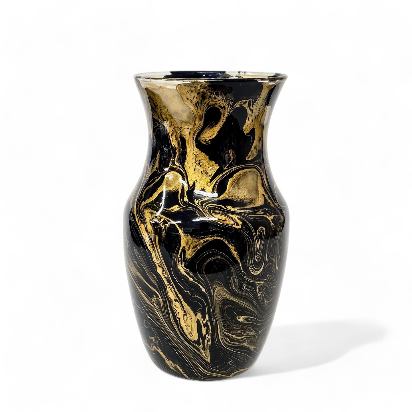 Painted Glass Vase in Black and Gold | Fluid Art Flower Vase