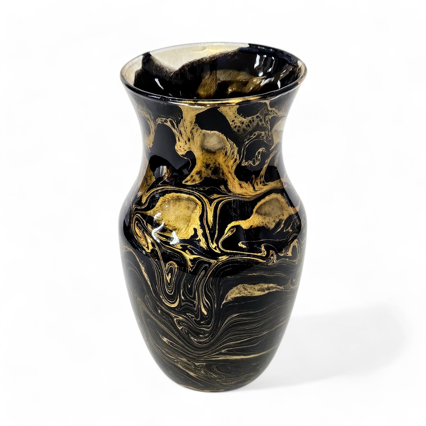 Painted Glass Vase in Black and Gold | Fluid Art Flower Vase