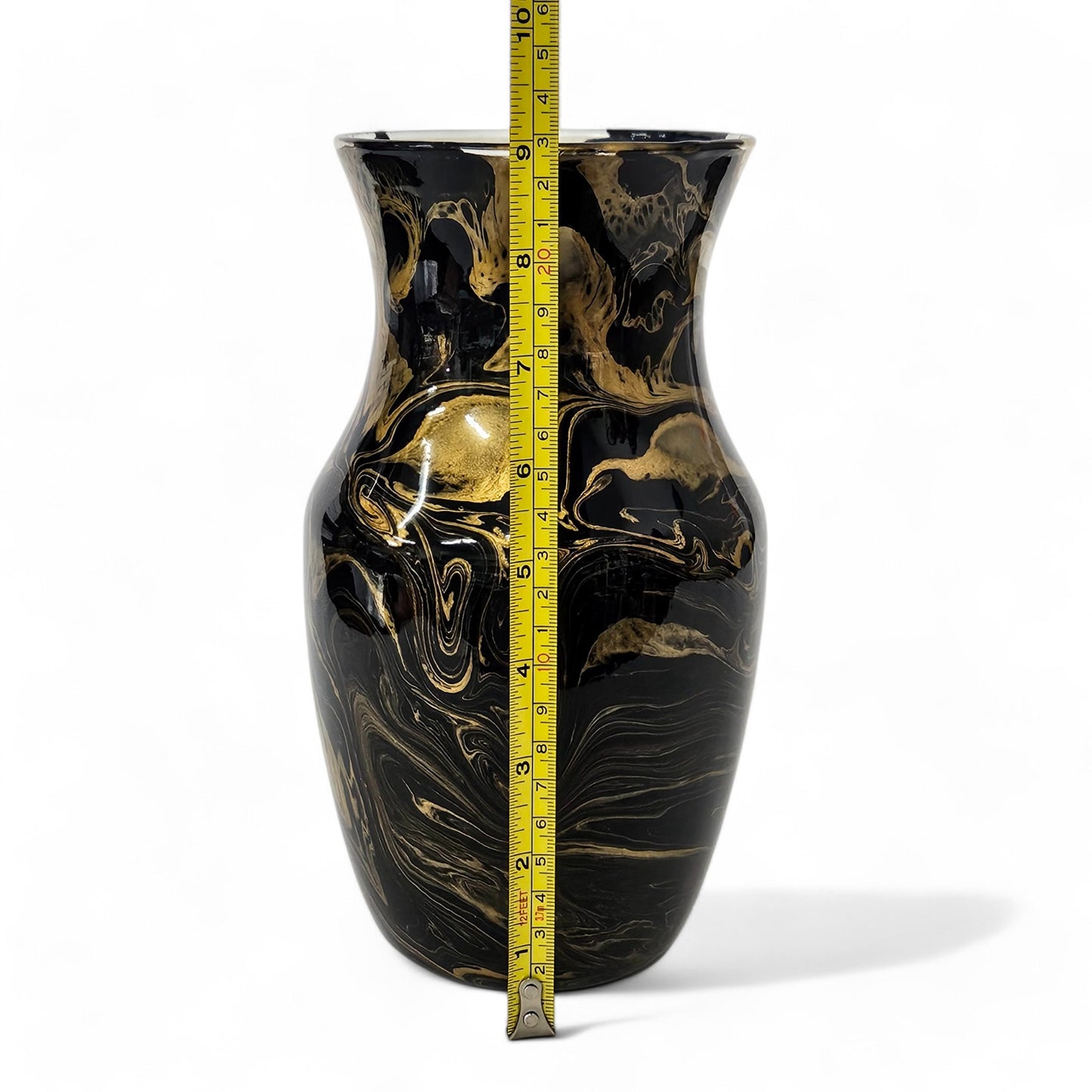 Painted Glass Vase in Black and Gold | Fluid Art Flower Vase