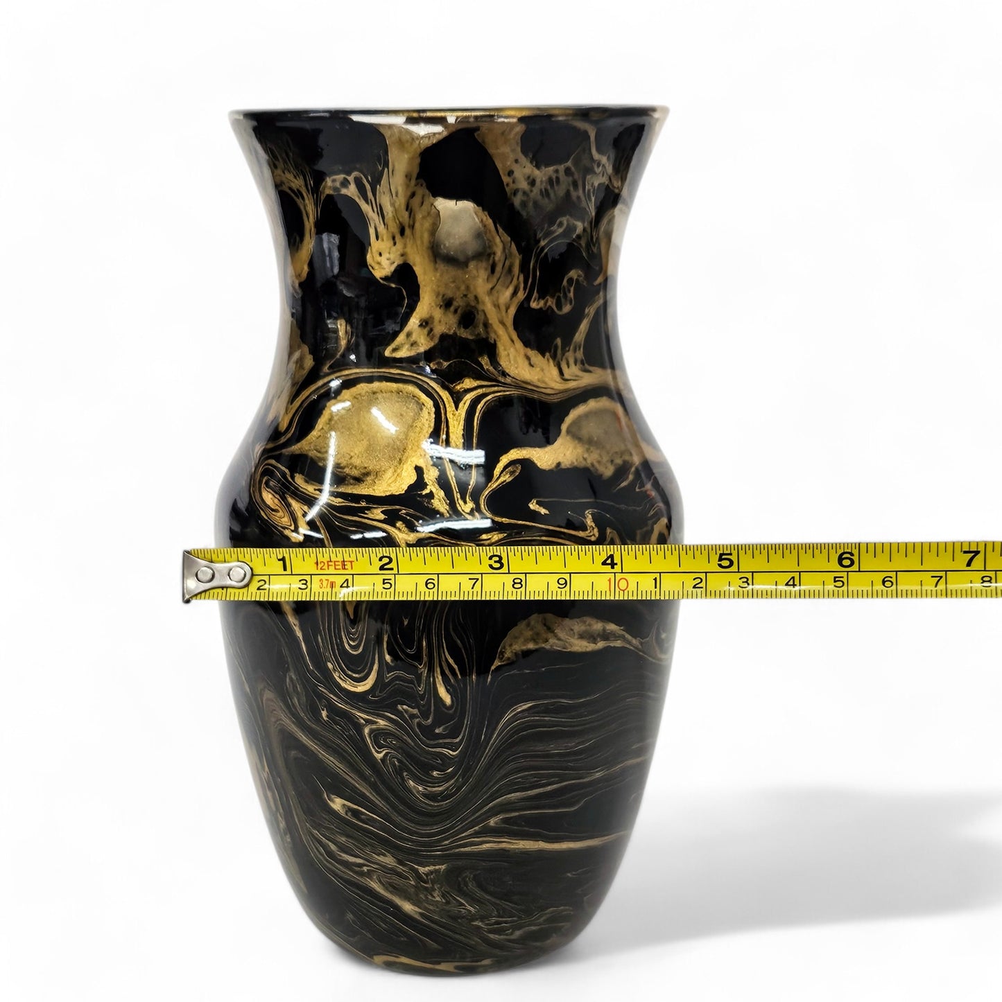 Painted Glass Vase in Black and Gold | Fluid Art Flower Vase