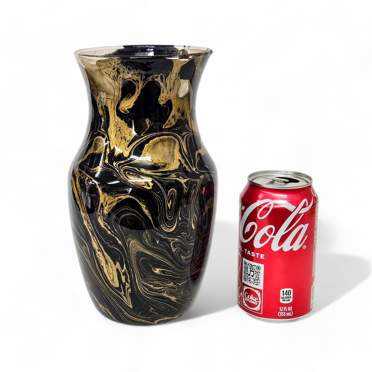 Painted Glass Vase in Black and Gold | Fluid Art Flower Vase