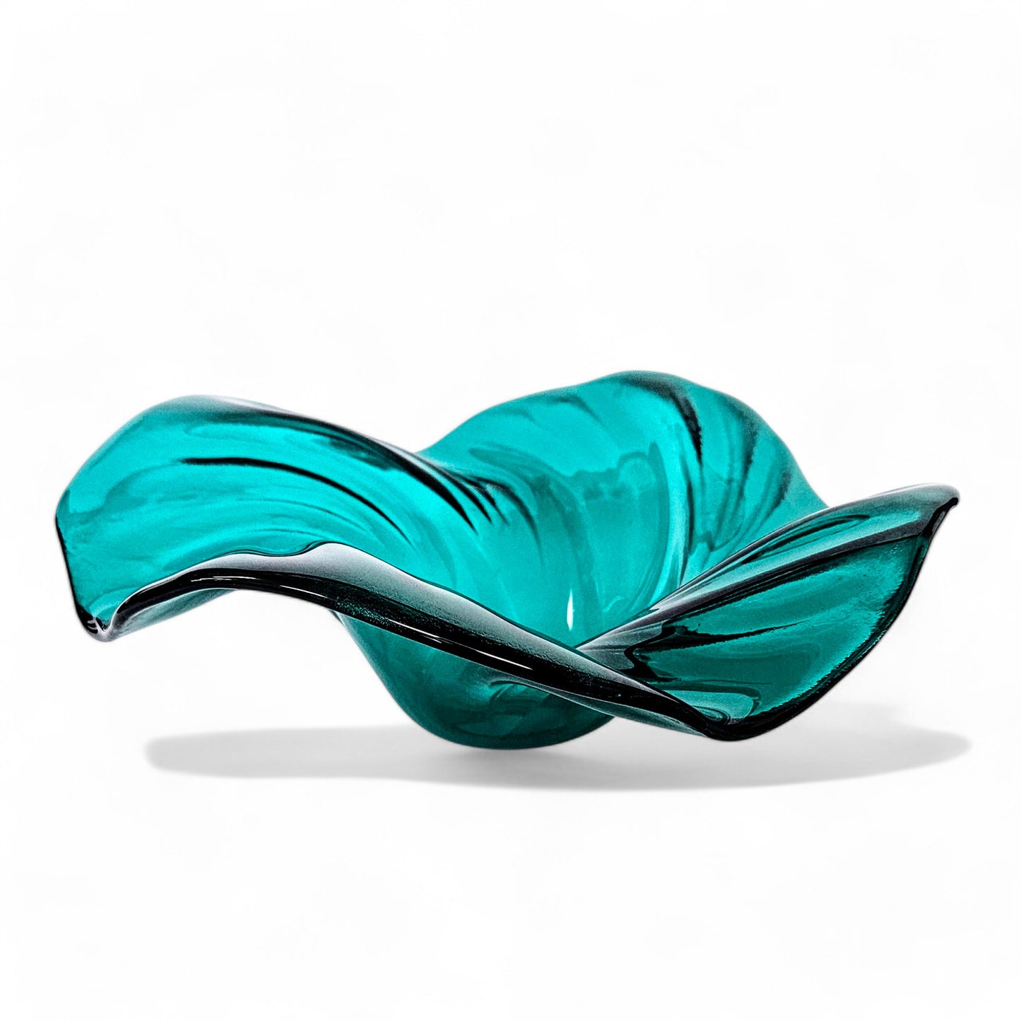 Hand Crafted Teal Blue Green Glass Art Wave Bowl