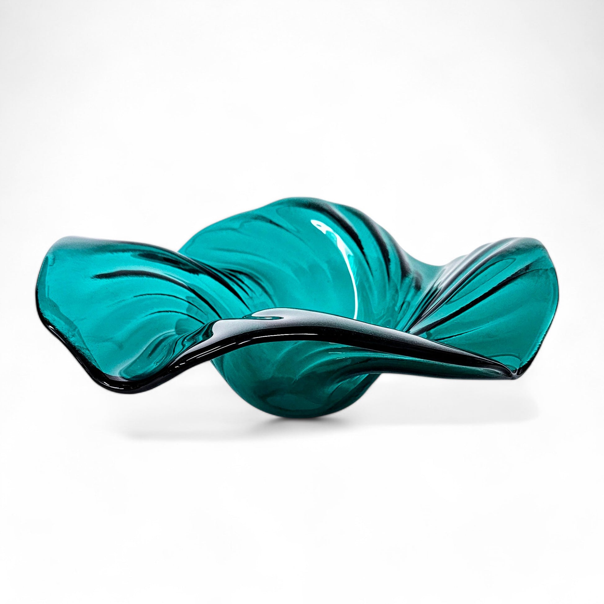 Hand Crafted Teal Blue Green Glass Art Wave Bowl