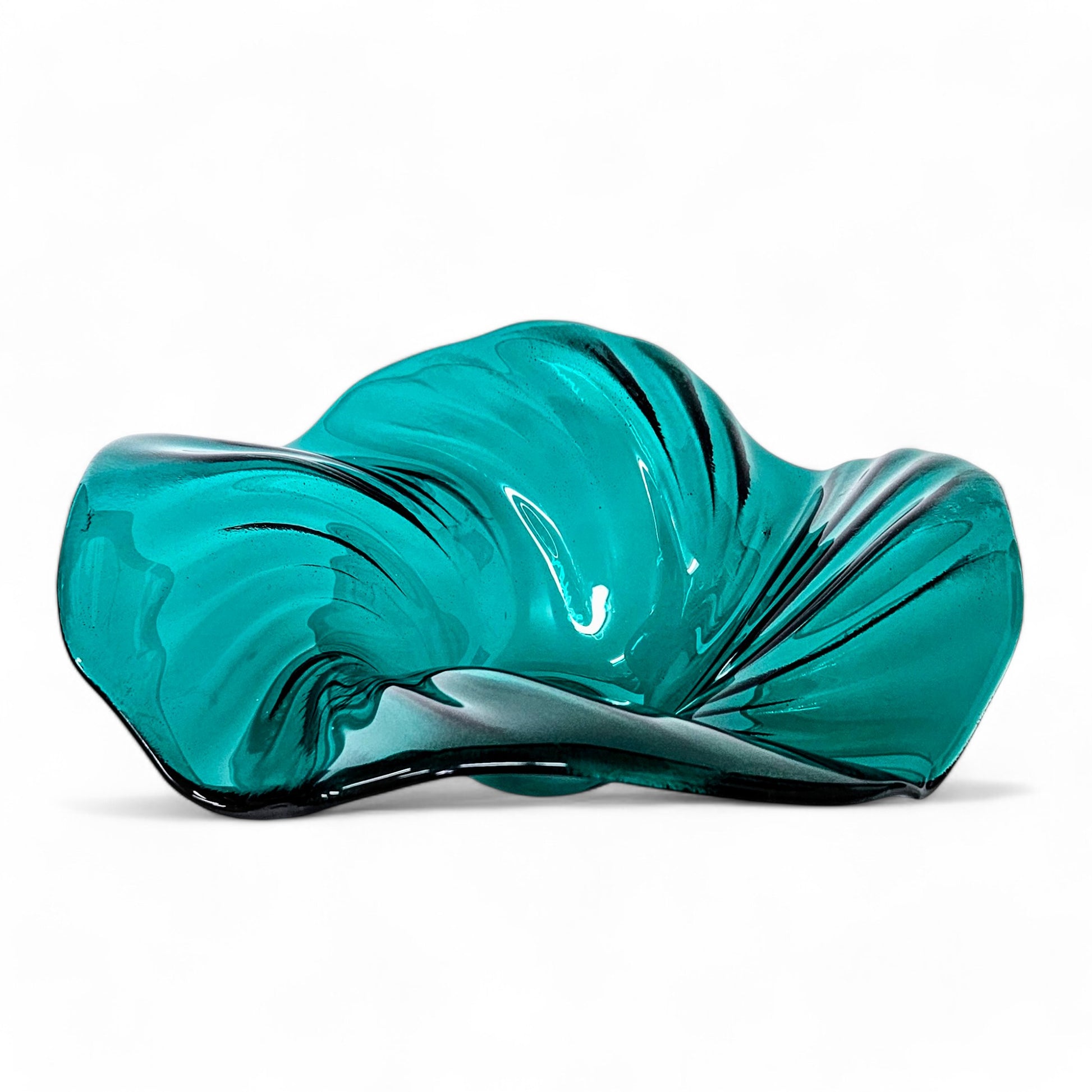 Hand Crafted Teal Blue Green Glass Art Wave Bowl