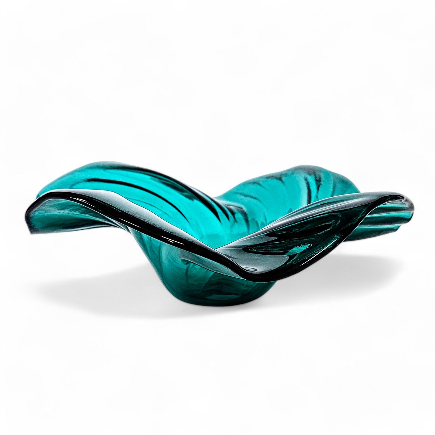 Hand Crafted Teal Blue Green Glass Art Wave Bowl