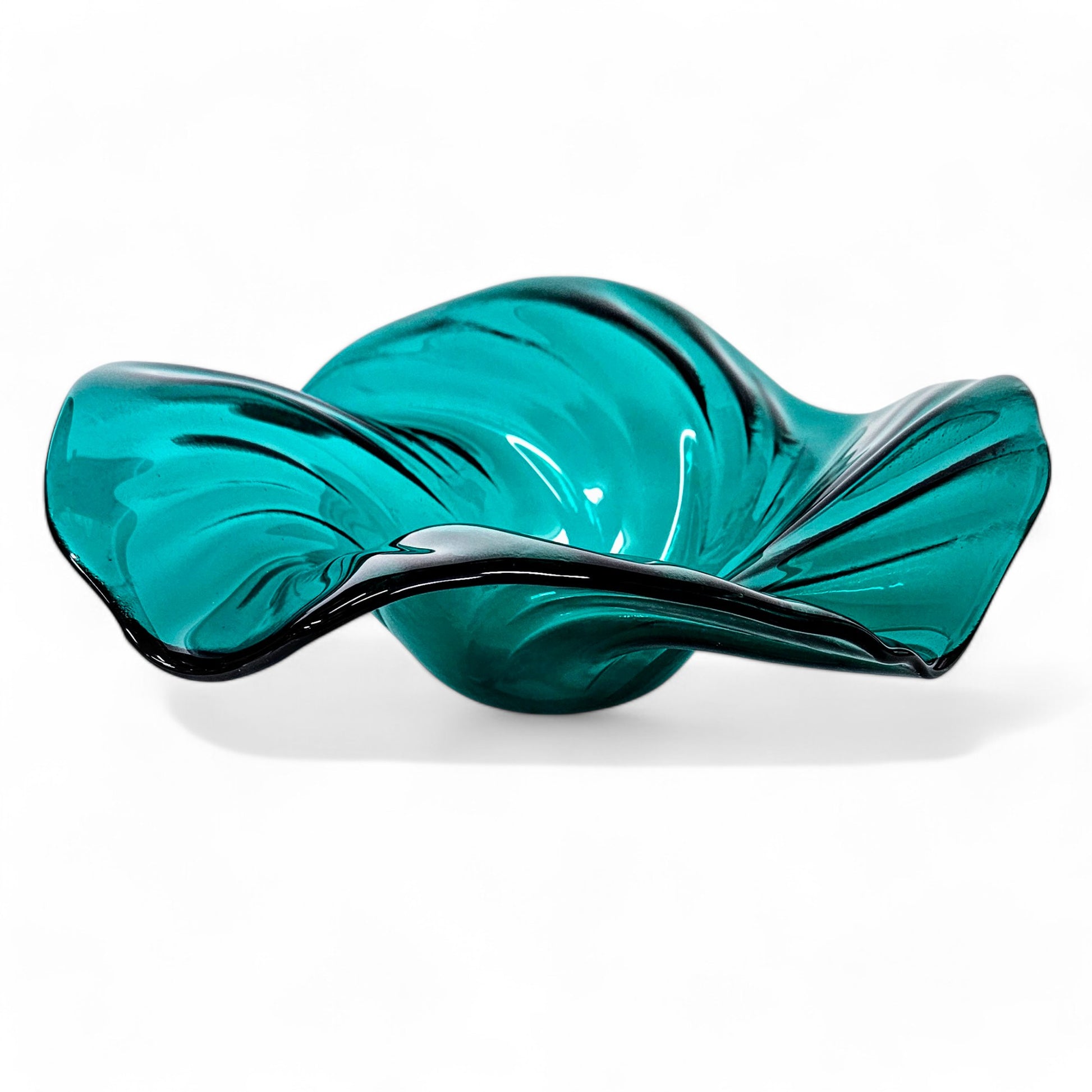 Hand Crafted Teal Blue Green Glass Art Wave Bowl