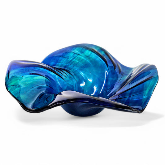 Glass Art Wave Bowl in Aqua Teal Navy Blue | Modern Decorative Centerpiece Bowls | Handmade in Ohio | Unique Home Décor Gift Ideas | Round