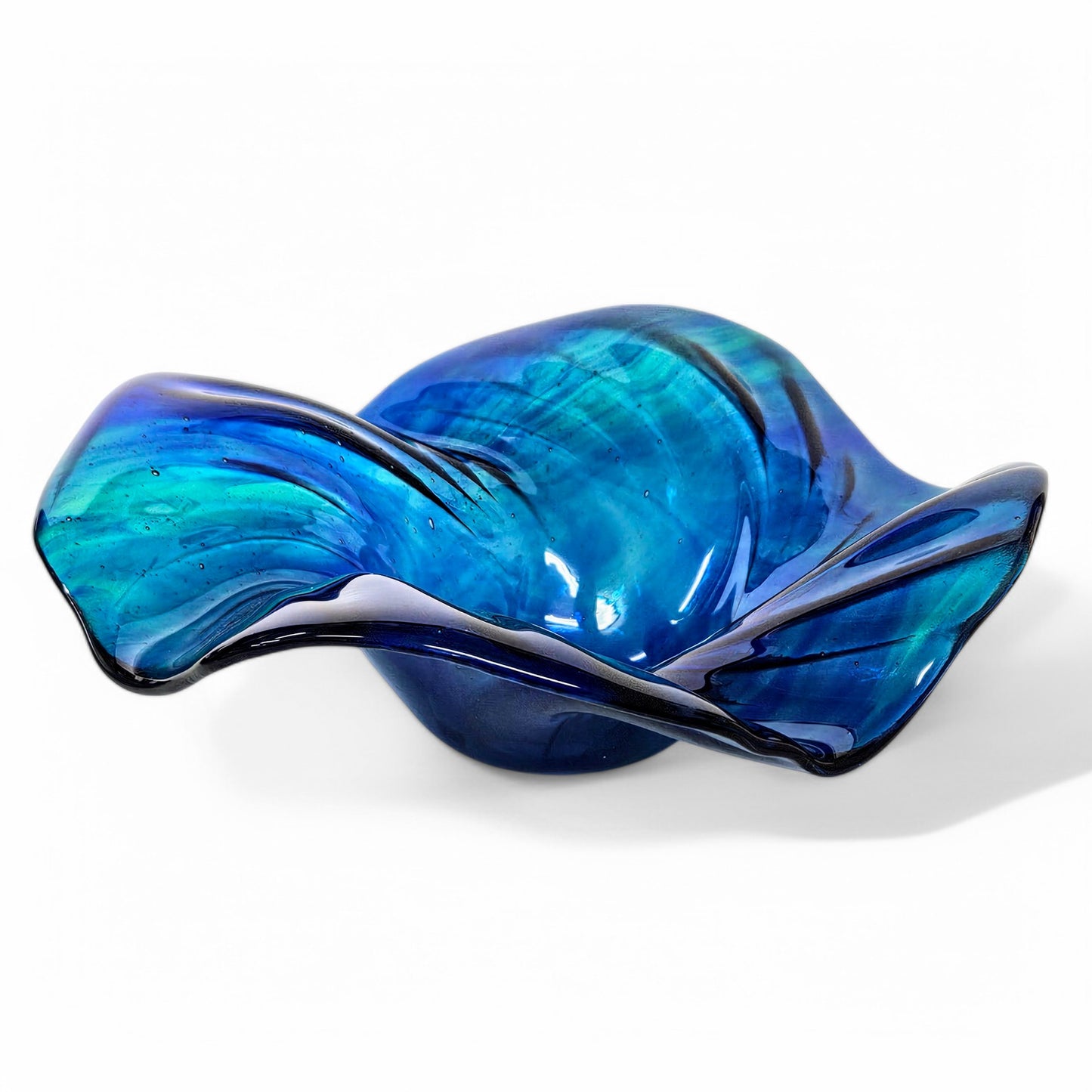 Glass Art Wave Bowl in Aqua Teal Navy Blue | Modern Decorative Centerpiece Bowls | Handmade in Ohio | Unique Home Décor Gift Ideas | Round