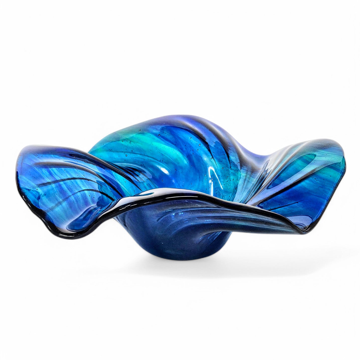 Glass Art Wave Bowl in Aqua Teal Navy Blue | Modern Decorative Centerpiece Bowls | Handmade in Ohio | Unique Home Décor Gift Ideas | Round