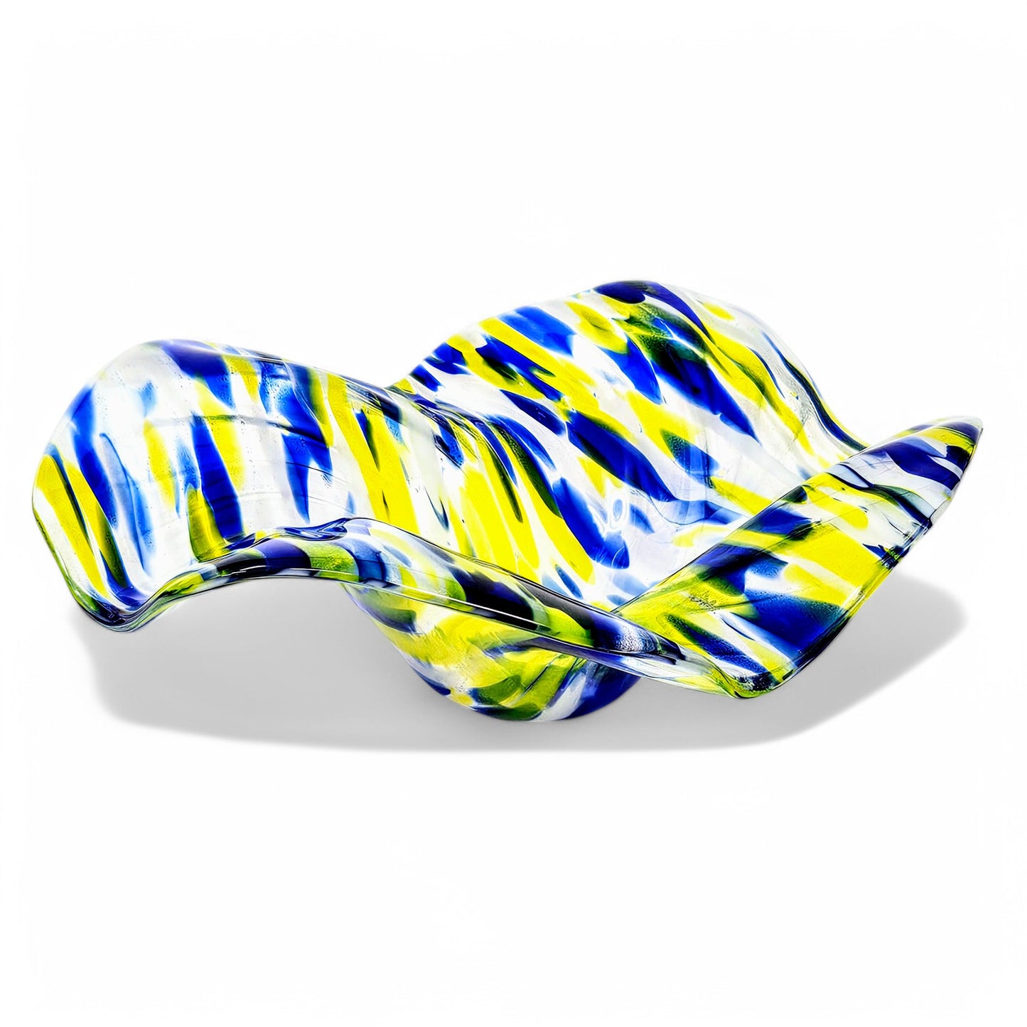 Glass Art Wave Bowl in Blue and Yellow | Modern Decorative Centerpiece Bowls | Handmade in Ohio | Unique Home Décor Gift Ideas | Round