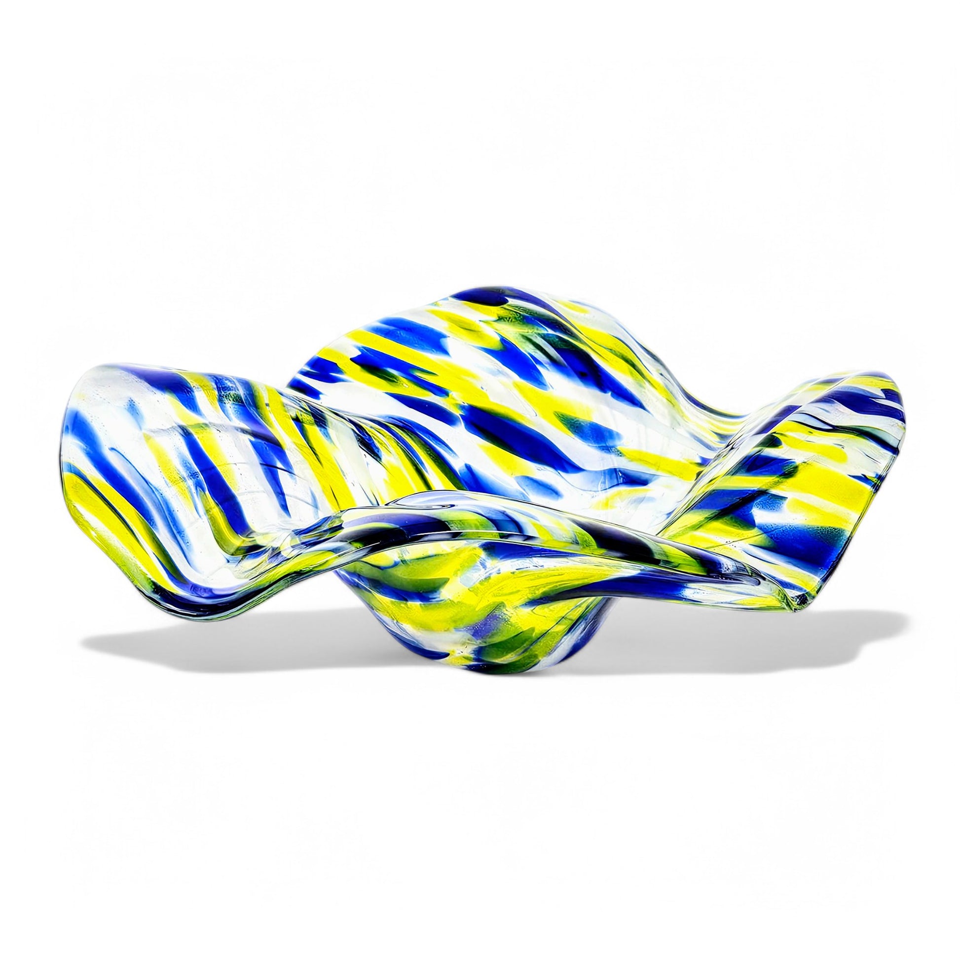 Glass Art Wave Bowl in Blue and Yellow | Modern Decorative Centerpiece Bowls | Handmade in Ohio | Unique Home Décor Gift Ideas | Round