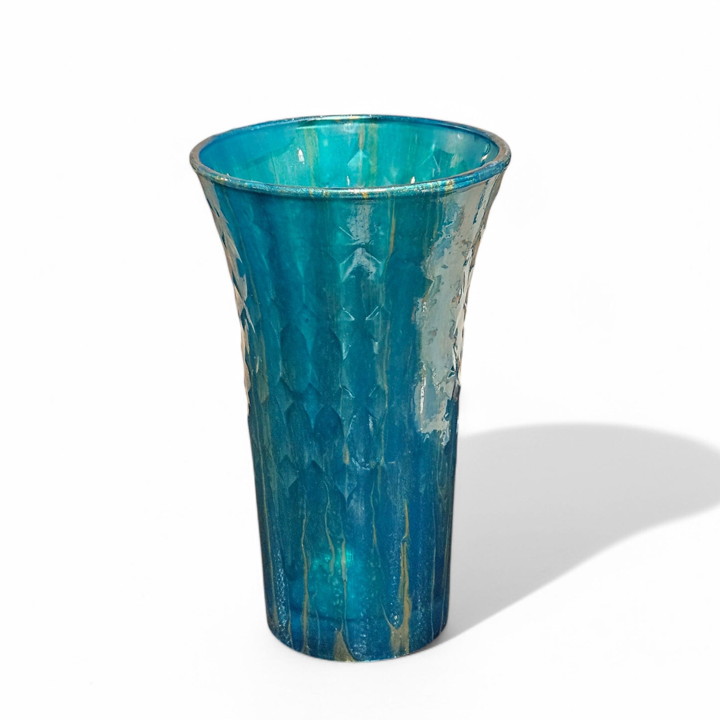 Teal and Gold Glass Art Vase | Fluid Art Painted Vase